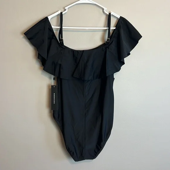 NWT BCBGMaxazria Black Ruffle Sleeve One Piece Swimsuit Size Large - Picture 7 of 7